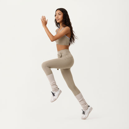 Anna-Kaci Active Women's Ribbed Knit High Waist Leggings with Wrap Tie Waistband and Contrast Cuffed Hem