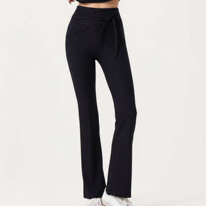 Anna-Kaci Active Women's Ribbed Knit Flare Pants with Wrap Tie Waistband and High Waist Silhouette