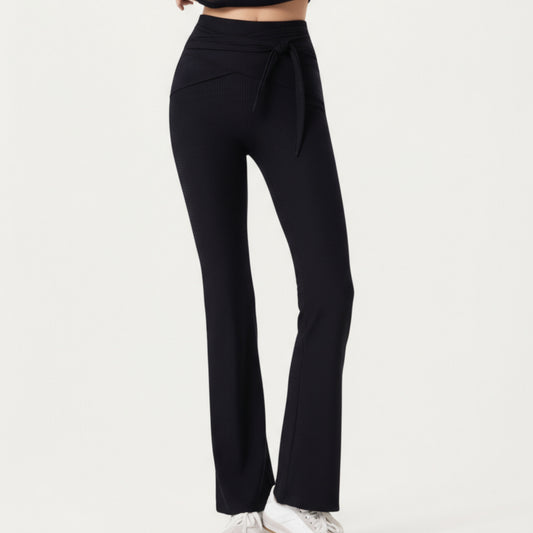 Anna-Kaci Active Women's Ribbed Knit Flare Pants with Wrap Tie Waistband and High Waist Silhouette