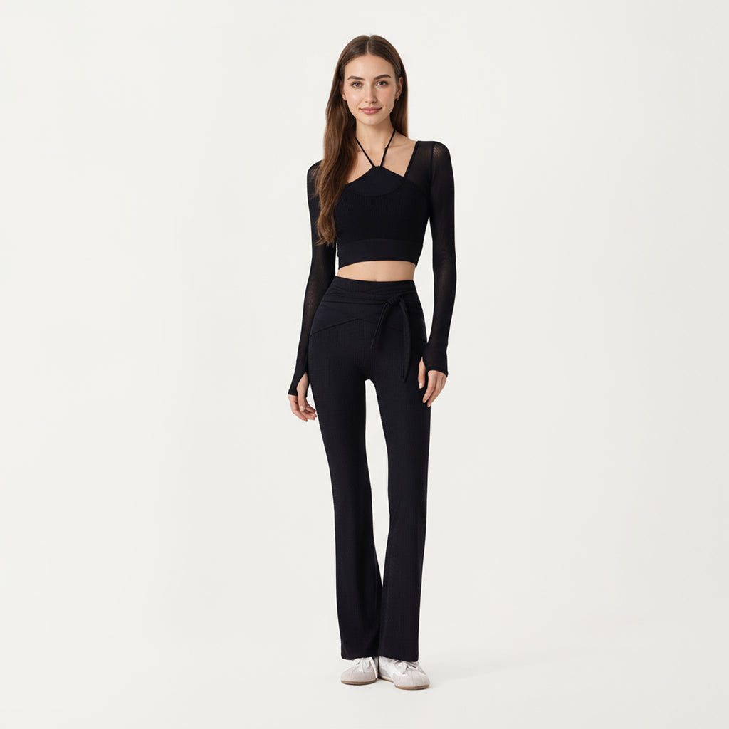 Anna-Kaci Active Women's Ribbed Knit Flare Pants with Wrap Tie Waistband and High Waist Silhouette