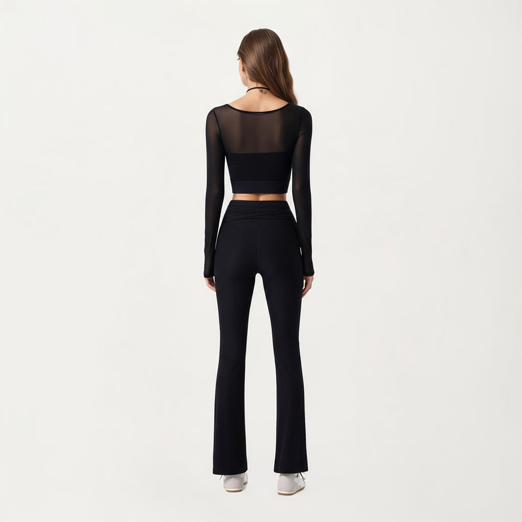 Anna-Kaci Active Women's Ribbed Knit Flare Pants with Wrap Tie Waistband and High Waist Silhouette