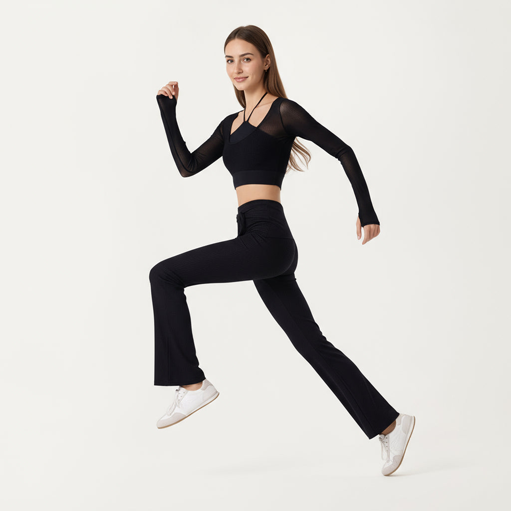 Anna-Kaci Active Women's Ribbed Knit Flare Pants with Wrap Tie Waistband and High Waist Silhouette