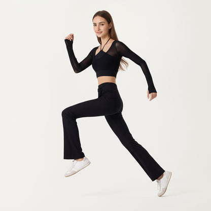 Anna-Kaci Active Women's Ribbed Knit Flare Pants with Wrap Tie Waistband and High Waist Silhouette