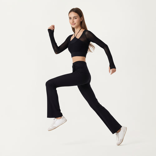 Anna-Kaci Active Women's Ribbed Knit Flare Pants with Wrap Tie Waistband and High Waist Silhouette