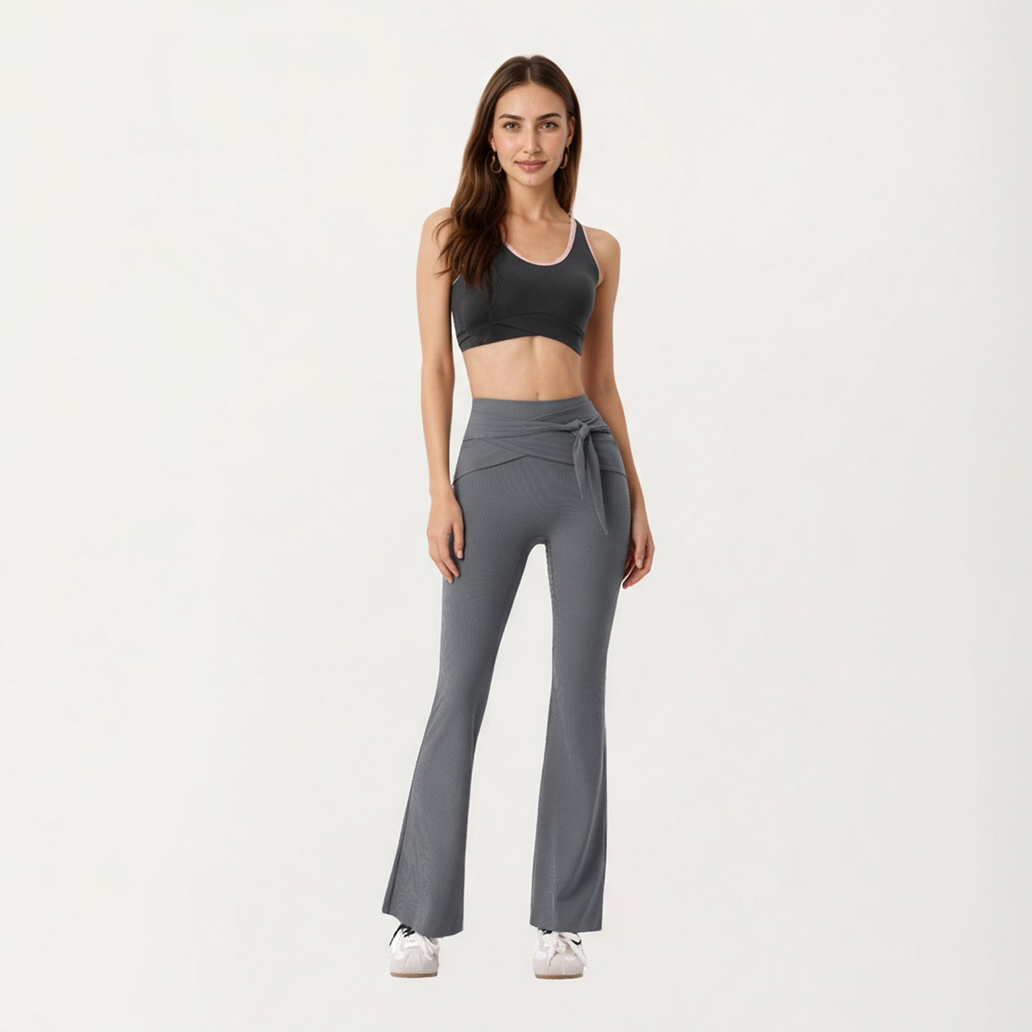 Anna-Kaci Active Women's Ribbed Knit Flare Pants with Wrap Tie Waistband and High Waist Silhouette