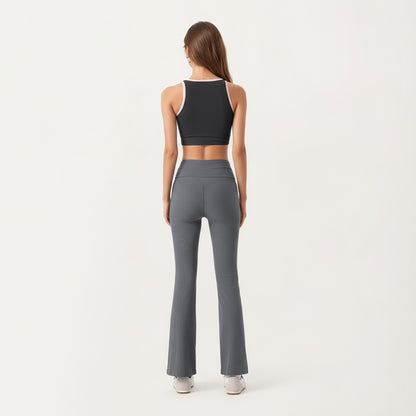 Anna-Kaci Active Women's Ribbed Knit Flare Pants with Wrap Tie Waistband and High Waist Silhouette