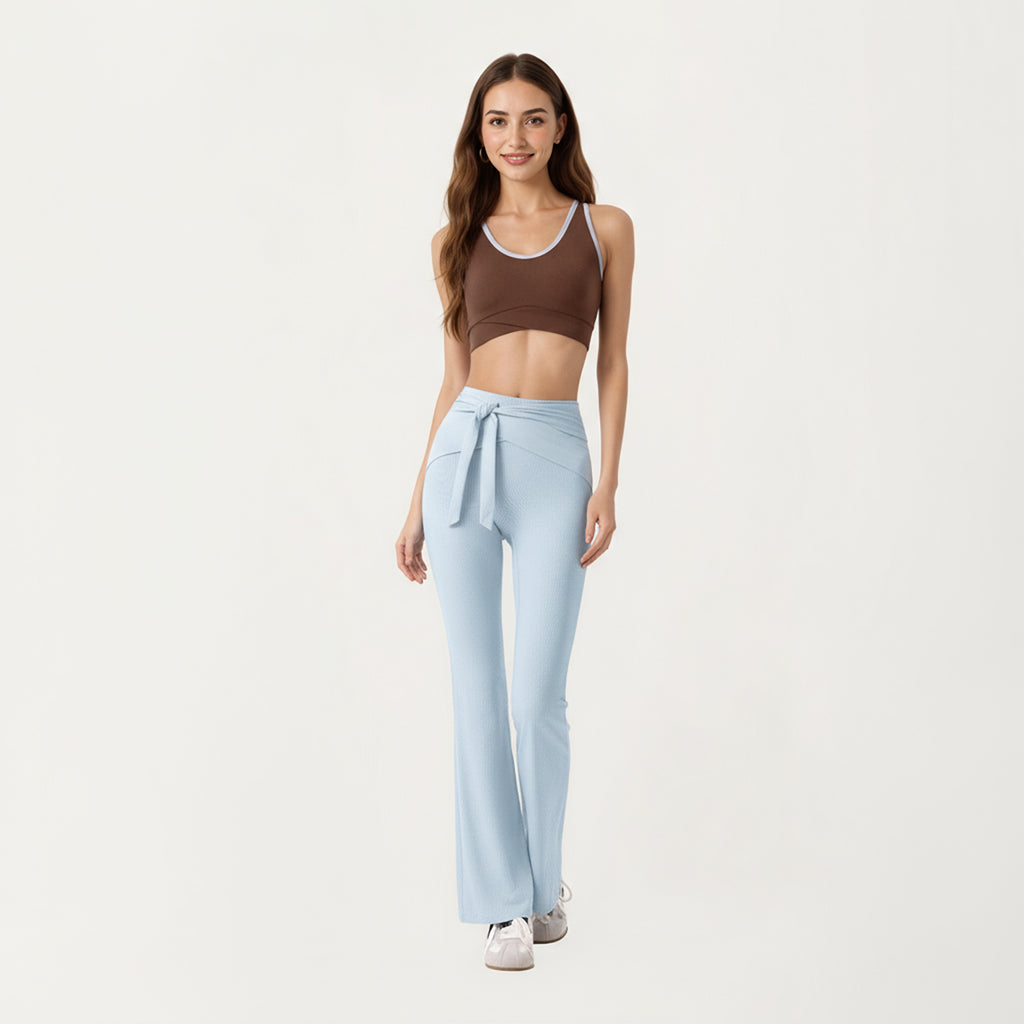 Anna-Kaci Active Women's Ribbed Knit Flare Pants with Wrap Tie Waistband and High Waist Silhouette
