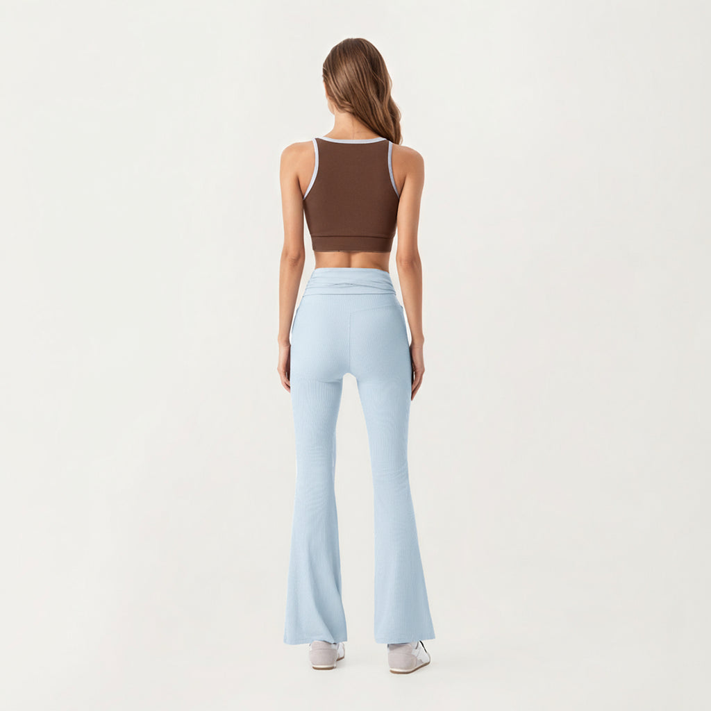 Anna-Kaci Active Women's Ribbed Knit Flare Pants with Wrap Tie Waistband and High Waist Silhouette