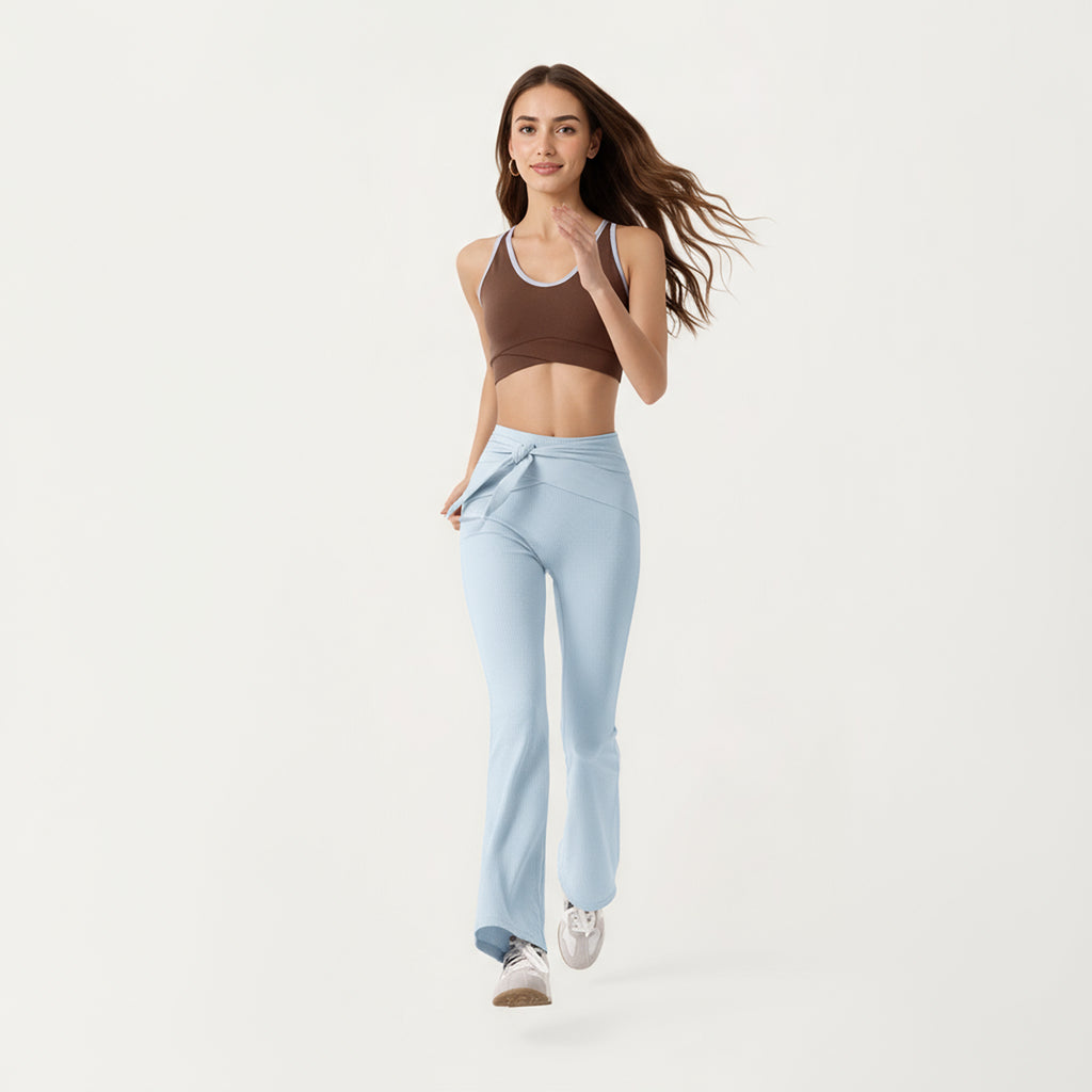 Anna-Kaci Active Women's Ribbed Knit Flare Pants with Wrap Tie Waistband and High Waist Silhouette