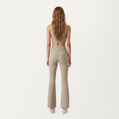 Anna-Kaci Active Women's Ribbed Knit Flare Pants with Wrap Tie Waistband and High Waist Silhouette