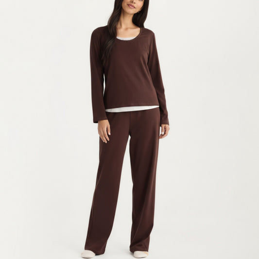 Anna-Kaci Women's 2-Piece Set Soft Knit Long Sleeve Top and Relaxed Fit Lounge Pants