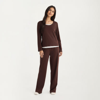 Anna-Kaci Women's 2-Piece Set Soft Knit Long Sleeve Top and Relaxed Fit Lounge Pants