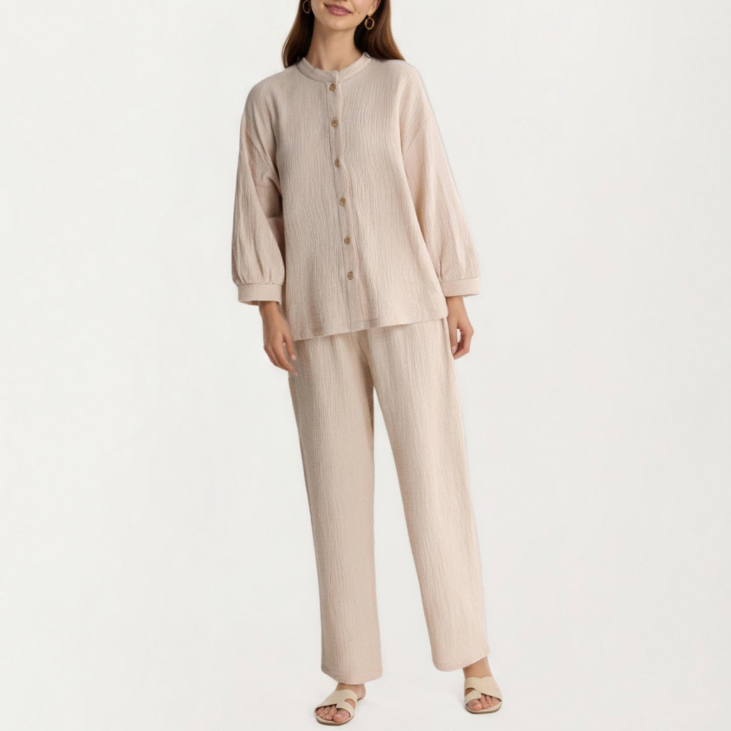 Anna-Kaci Women's 2-Piece Set Button-Up Textured Top with Balloon Sleeves and Relaxed Fit Pants