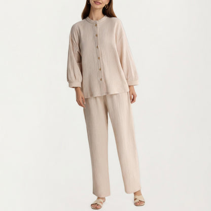 Anna-Kaci Women's 2-Piece Set Button-Up Textured Top with Balloon Sleeves and Relaxed Fit Pants