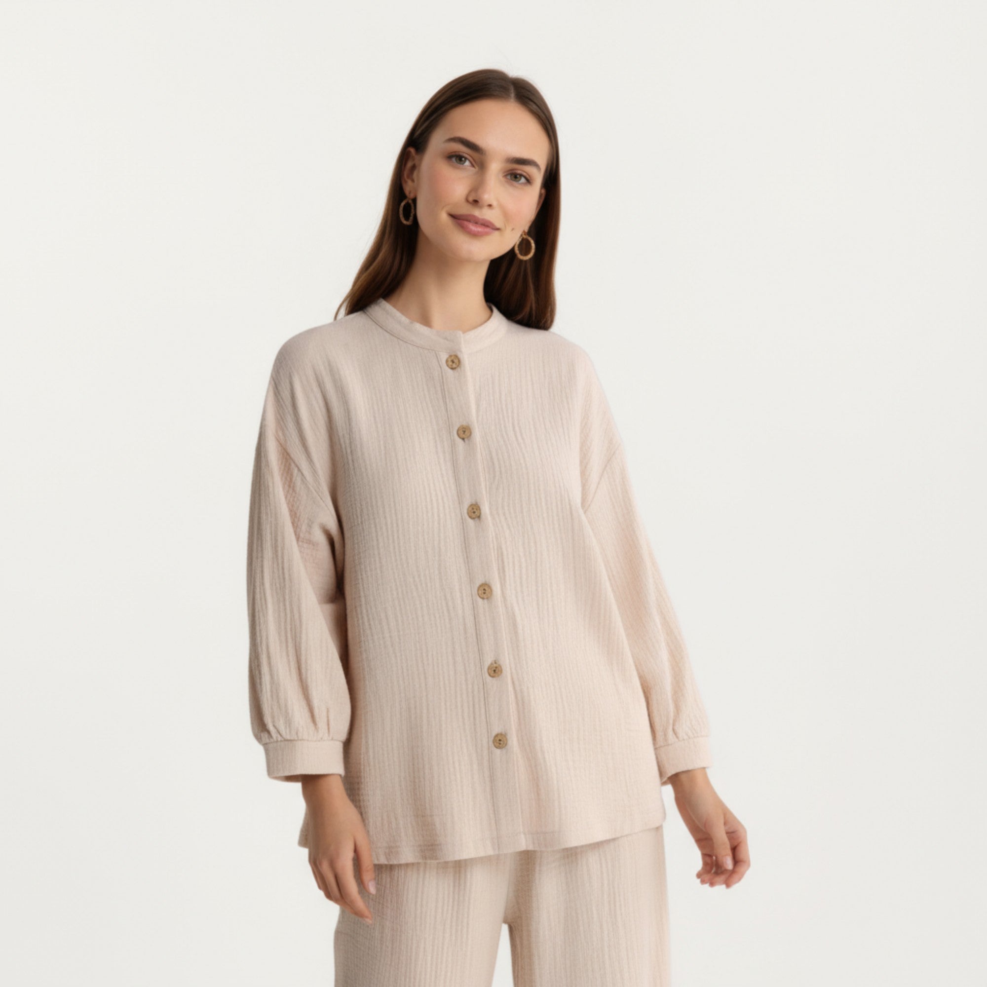 Anna-Kaci Women's 2-Piece Set Button-Up Textured Top with Balloon Sleeves and Relaxed Fit Pants