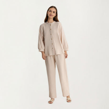 Anna-Kaci Women's 2-Piece Set Button-Up Textured Top with Balloon Sleeves and Relaxed Fit Pants