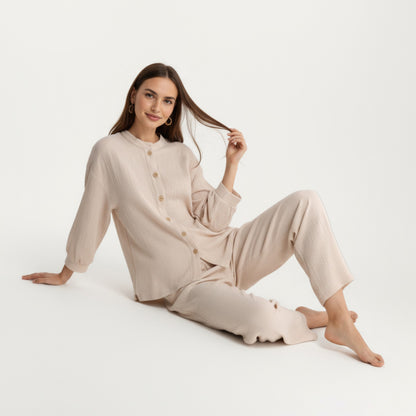 Anna-Kaci Women's 2-Piece Set Button-Up Textured Top with Balloon Sleeves and Relaxed Fit Pants