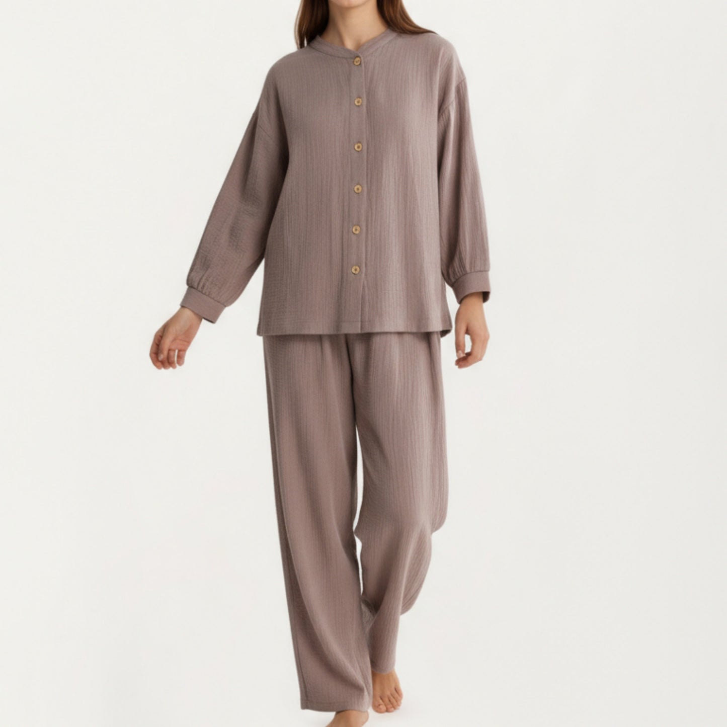 Anna-Kaci Women's 2-Piece Set Button-Up Textured Top with Balloon Sleeves and Relaxed Fit Pants