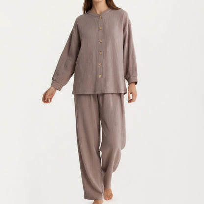 Anna-Kaci Women's 2-Piece Set Button-Up Textured Top with Balloon Sleeves and Relaxed Fit Pants