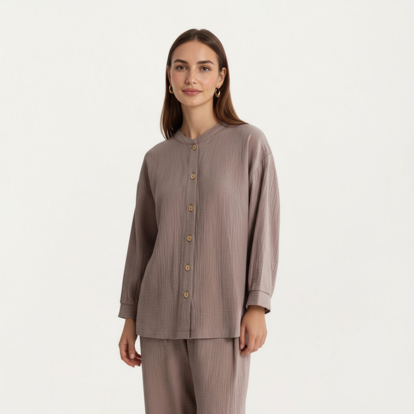 Anna-Kaci Women's 2-Piece Set Button-Up Textured Top with Balloon Sleeves and Relaxed Fit Pants