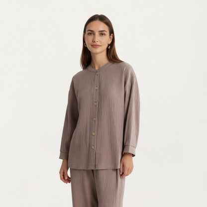 Anna-Kaci Women's 2-Piece Set Button-Up Textured Top with Balloon Sleeves and Relaxed Fit Pants