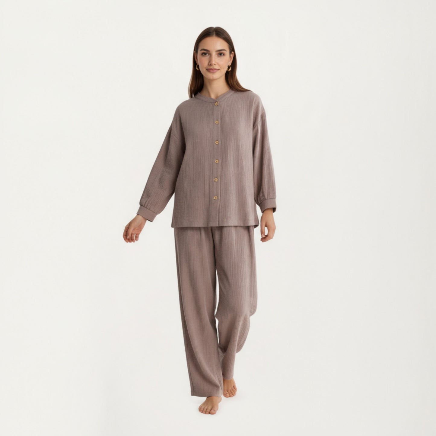 Anna-Kaci Women's 2-Piece Set Button-Up Textured Top with Balloon Sleeves and Relaxed Fit Pants