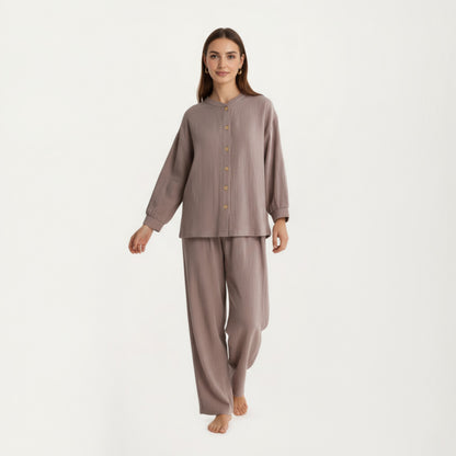 Anna-Kaci Women's 2-Piece Set Button-Up Textured Top with Balloon Sleeves and Relaxed Fit Pants