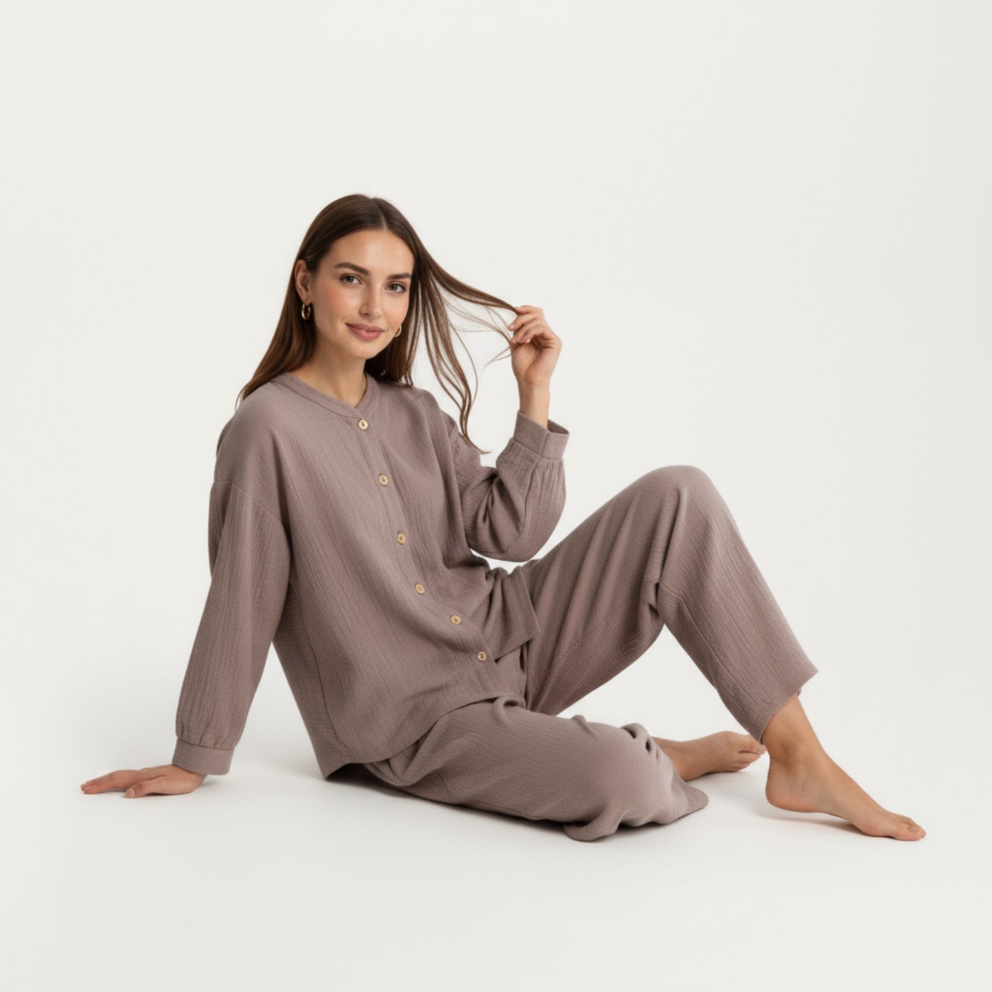 Anna-Kaci Women's 2-Piece Set Button-Up Textured Top with Balloon Sleeves and Relaxed Fit Pants