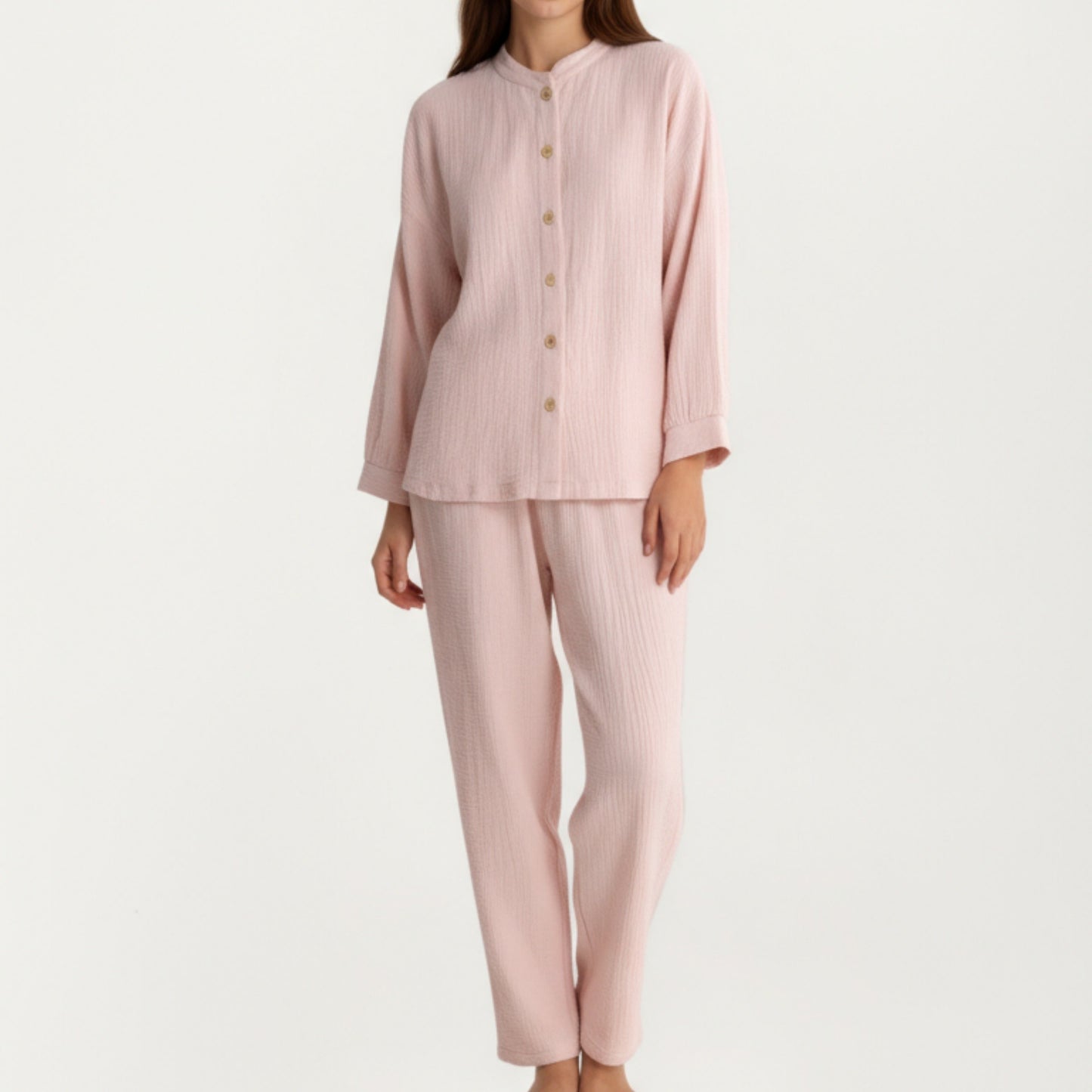 Anna-Kaci Women's 2-Piece Set Button-Up Textured Top with Balloon Sleeves and Relaxed Fit Pants