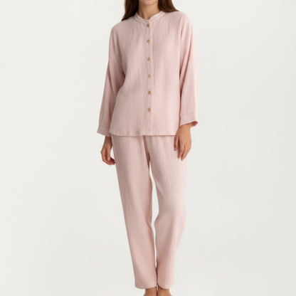 Anna-Kaci Women's 2-Piece Set Button-Up Textured Top with Balloon Sleeves and Relaxed Fit Pants