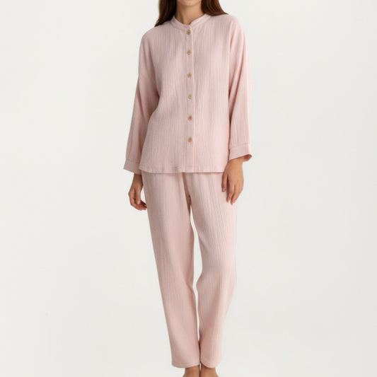 Anna-Kaci Women's 2-Piece Set Button-Up Textured Top with Balloon Sleeves and Relaxed Fit Pants