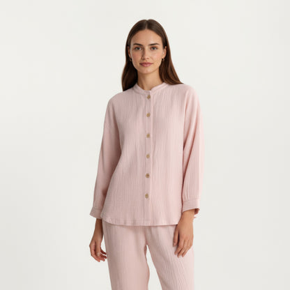 Anna-Kaci Women's 2-Piece Set Button-Up Textured Top with Balloon Sleeves and Relaxed Fit Pants