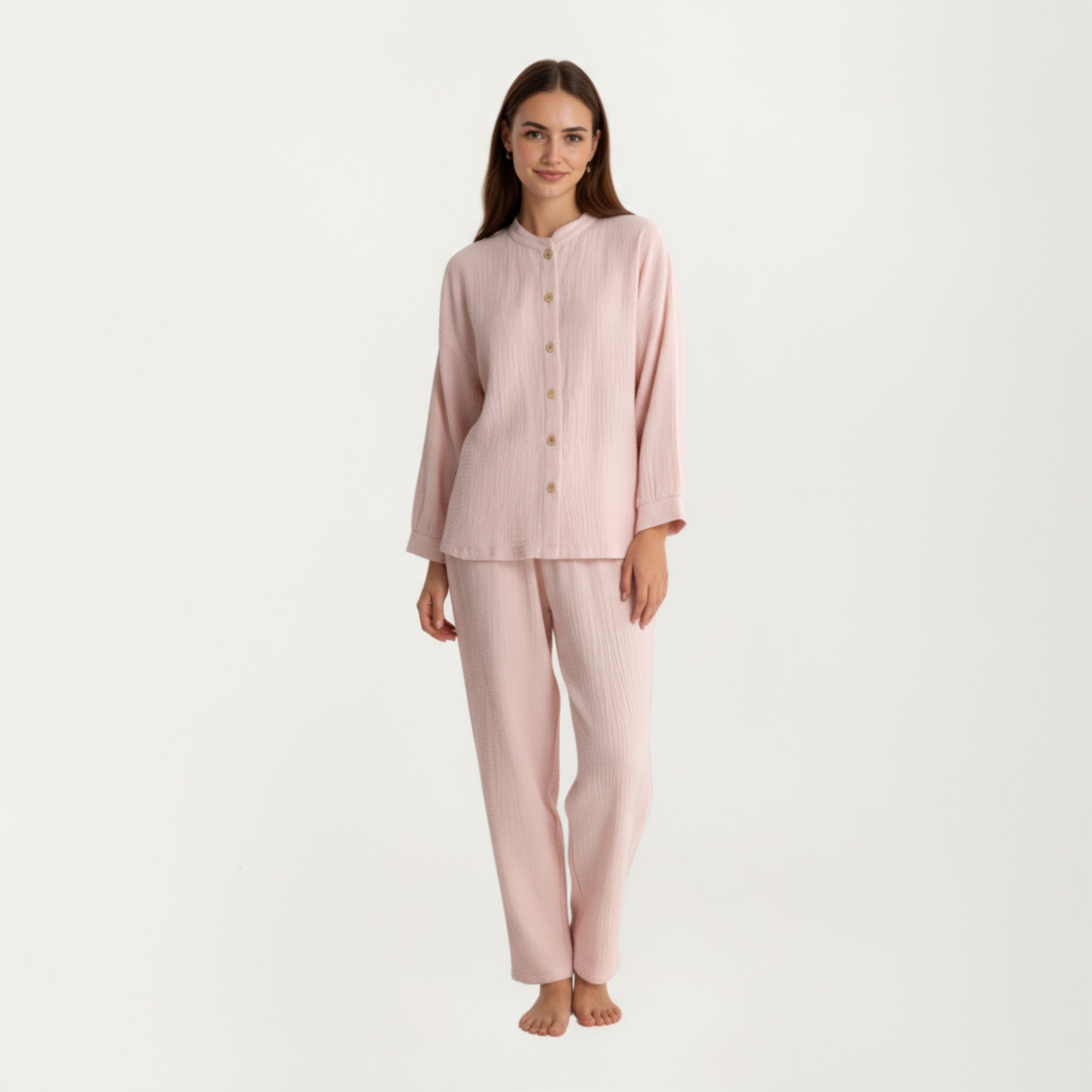 Anna-Kaci Women's 2-Piece Set Button-Up Textured Top with Balloon Sleeves and Relaxed Fit Pants