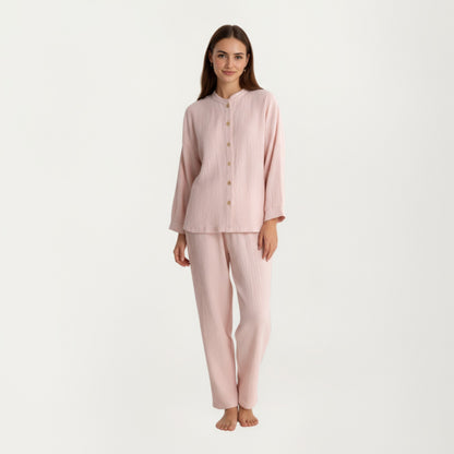 Anna-Kaci Women's 2-Piece Set Button-Up Textured Top with Balloon Sleeves and Relaxed Fit Pants