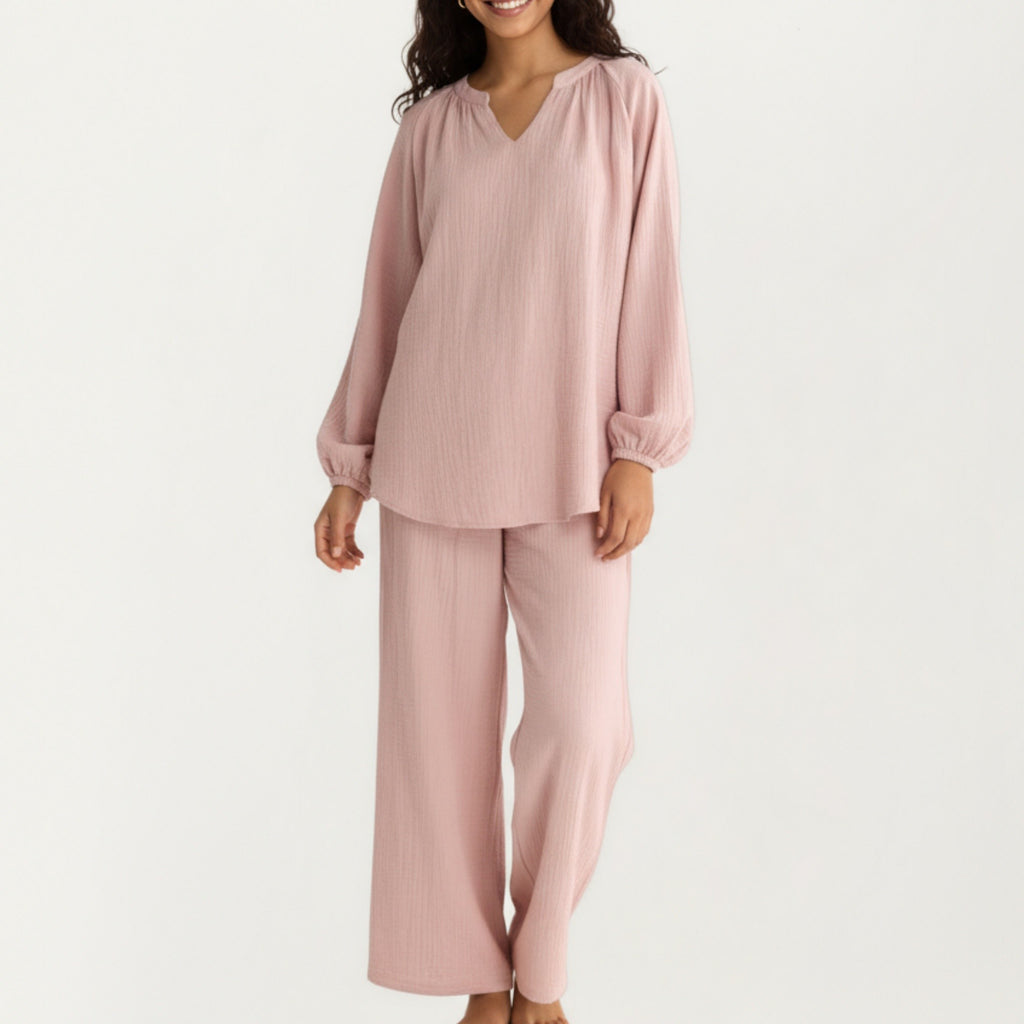 Anna-Kaci Women's 2-Piece Set Textured Long Sleeve Top with Split Neckline and Relaxed Fit Lounge Pants