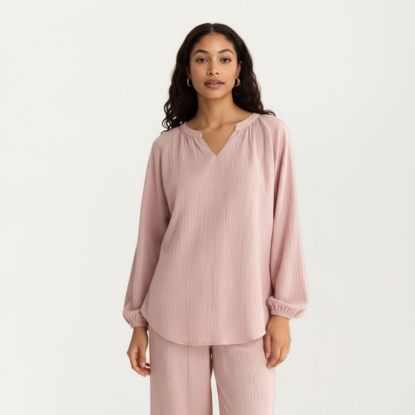 Anna-Kaci Women's 2-Piece Set Textured Long Sleeve Top with Split Neckline and Relaxed Fit Lounge Pants