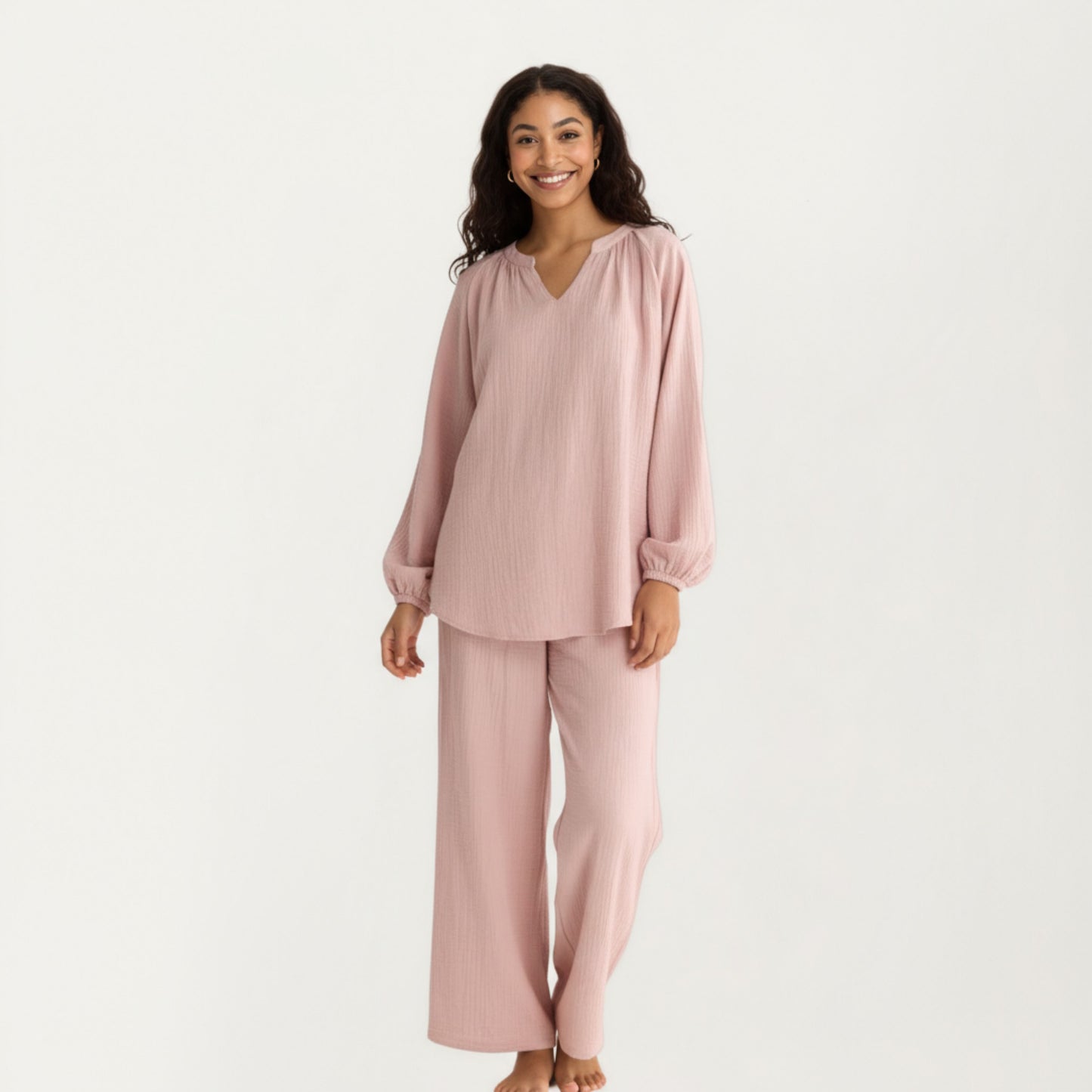 Anna-Kaci Women's 2-Piece Set Textured Long Sleeve Top with Split Neckline and Relaxed Fit Lounge Pants