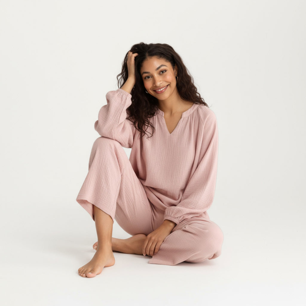 Anna-Kaci Women's 2-Piece Set Textured Long Sleeve Top with Split Neckline and Relaxed Fit Lounge Pants