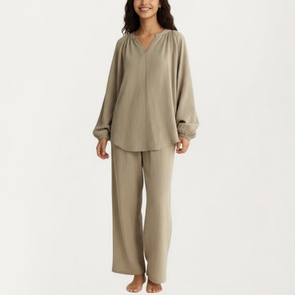 Anna-Kaci Women's 2-Piece Set Textured Long Sleeve Top with Split Neckline and Relaxed Fit Lounge Pants