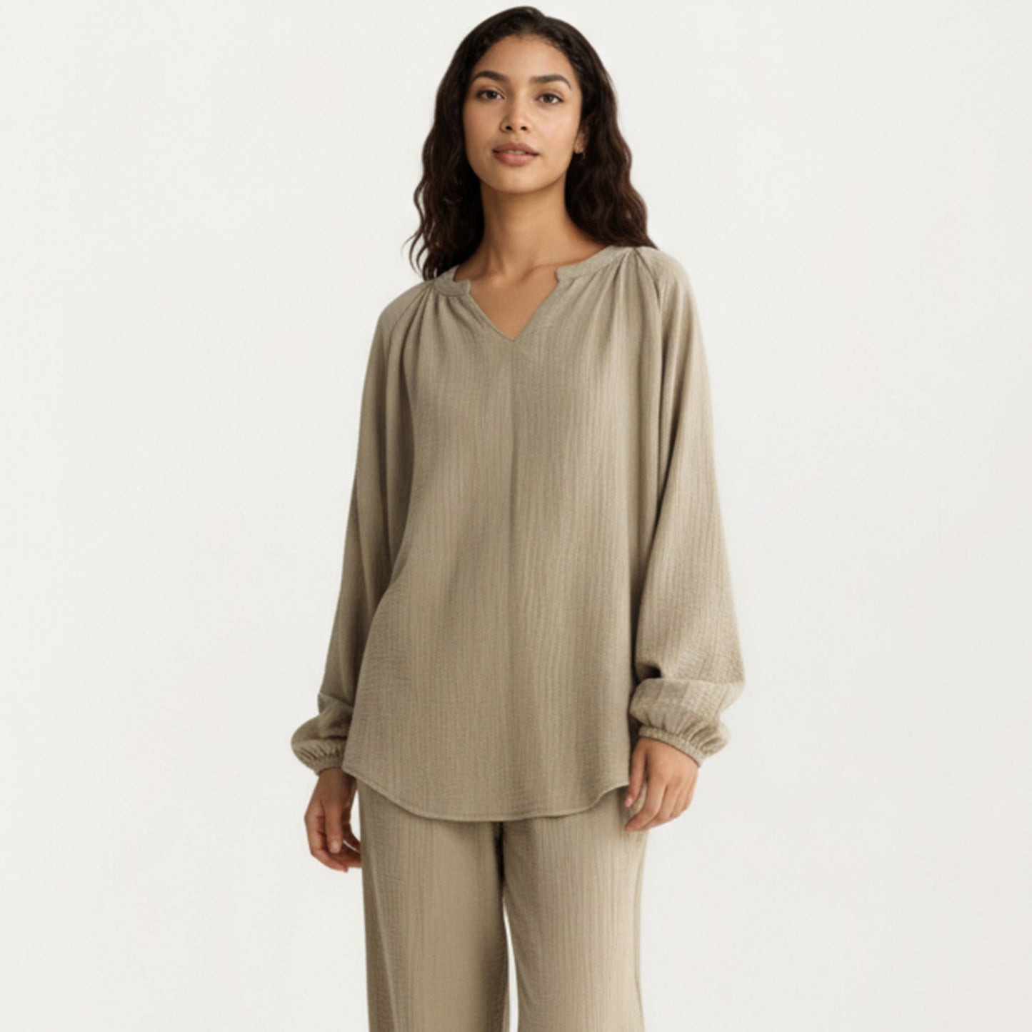 Anna-Kaci Women's 2-Piece Set Textured Long Sleeve Top with Split Neckline and Relaxed Fit Lounge Pants