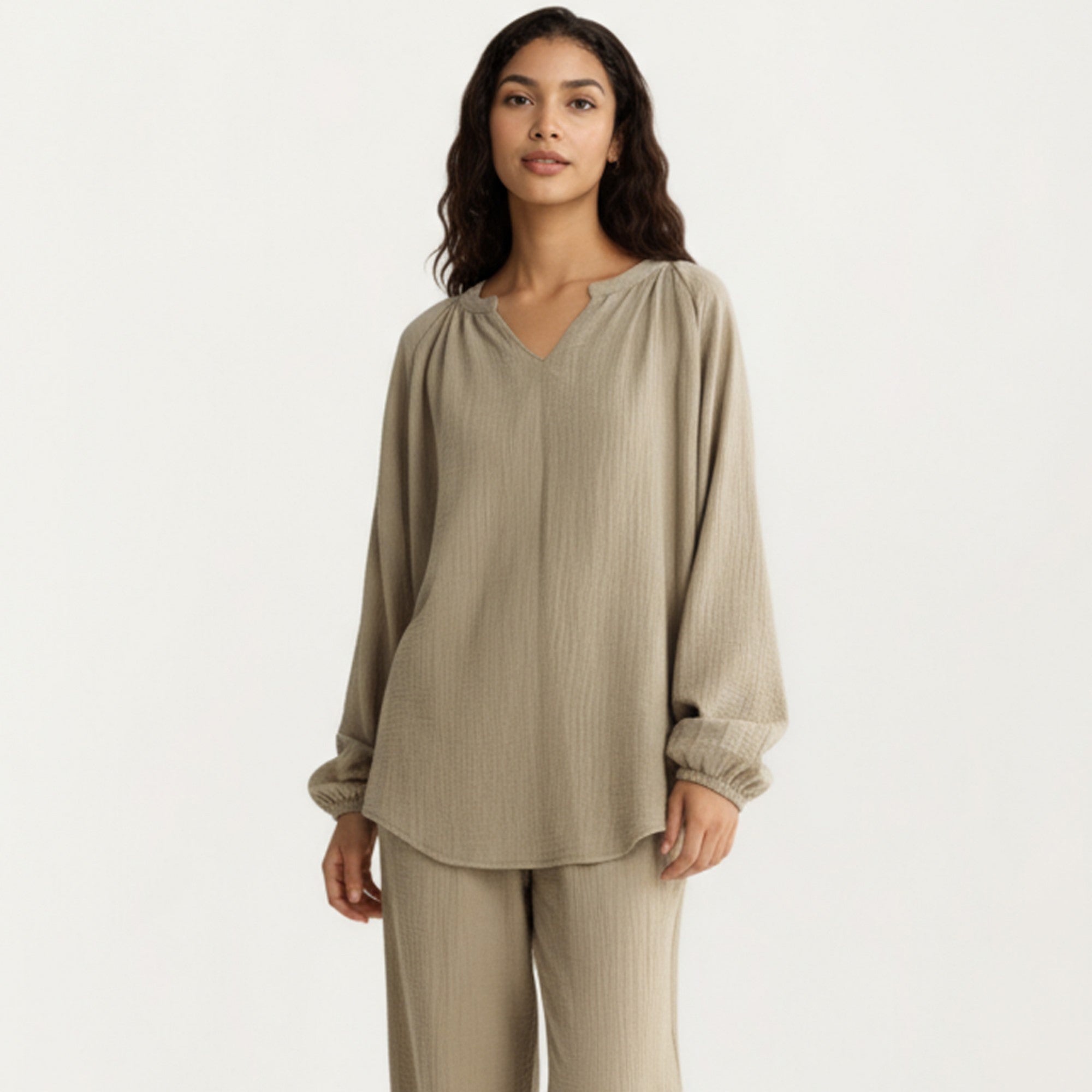 Anna-Kaci Women's 2-Piece Set Textured Long Sleeve Top with Split Neckline and Relaxed Fit Lounge Pants