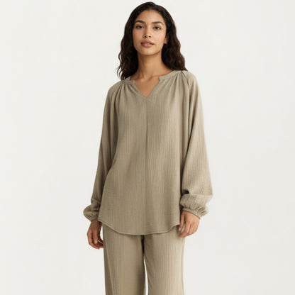 Anna-Kaci Women's 2-Piece Set Textured Long Sleeve Top with Split Neckline and Relaxed Fit Lounge Pants