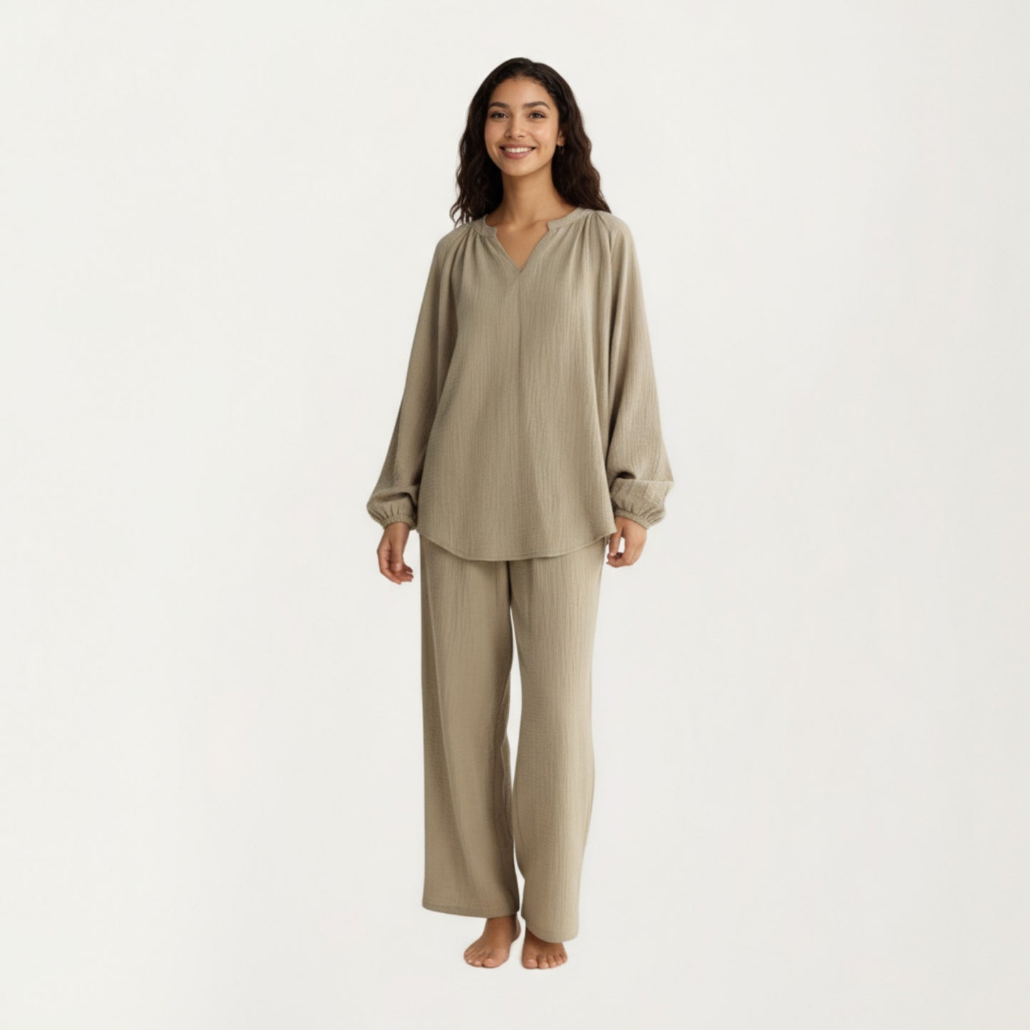 Anna-Kaci Women's 2-Piece Set Textured Long Sleeve Top with Split Neckline and Relaxed Fit Lounge Pants