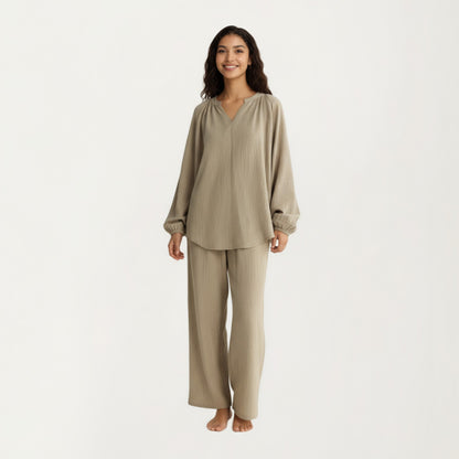 Anna-Kaci Women's 2-Piece Set Textured Long Sleeve Top with Split Neckline and Relaxed Fit Lounge Pants