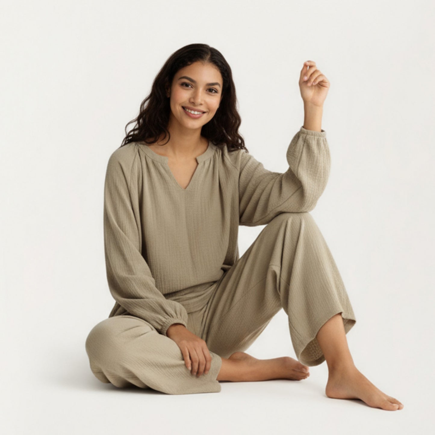 Anna-Kaci Women's 2-Piece Set Textured Long Sleeve Top with Split Neckline and Relaxed Fit Lounge Pants