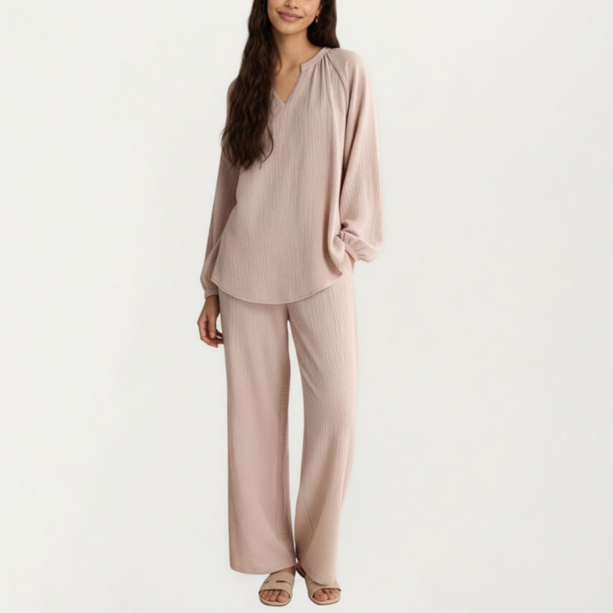 Anna-Kaci Women's 2-Piece Set Textured Long Sleeve Top with Split Neckline and Relaxed Fit Lounge Pants