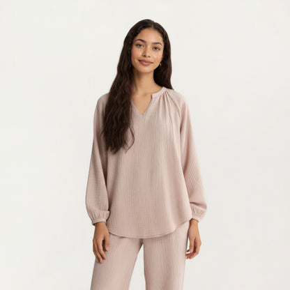 Anna-Kaci Women's 2-Piece Set Textured Long Sleeve Top with Split Neckline and Relaxed Fit Lounge Pants