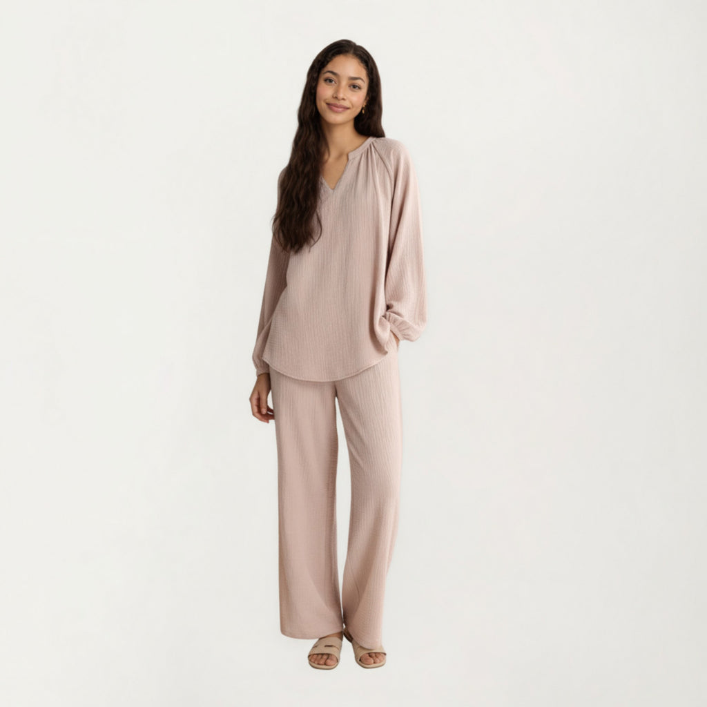 Anna-Kaci Women's 2-Piece Set Textured Long Sleeve Top with Split Neckline and Relaxed Fit Lounge Pants
