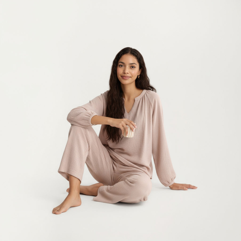 Anna-Kaci Women's 2-Piece Set Textured Long Sleeve Top with Split Neckline and Relaxed Fit Lounge Pants