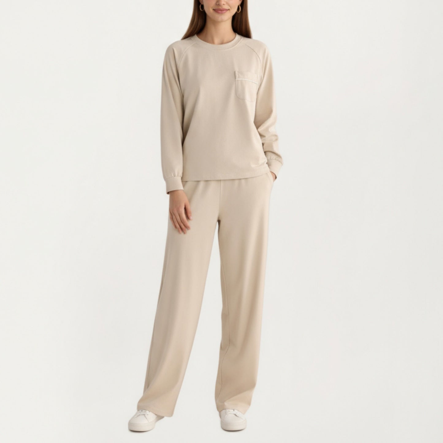 Anna-Kaci Women's 2-Piece Set Long Sleeve Top with Front Pocket and Relaxed Fit Lounge Pants